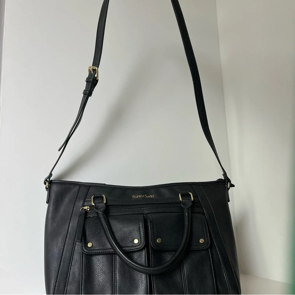 Franco Sarto Black Leather Tote Bag Crossbody with Gold Accents Like New - Picture 4 of 13